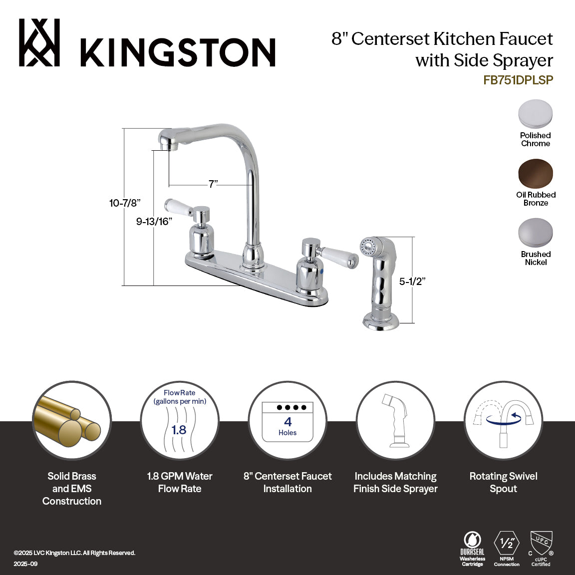 Kingston Tulare FB751DPLSP - Paris Two-Handle 4-Hole 8" Centerset Kitchen Faucet with Side Sprayer, Polished Chrome — thumbnail 3